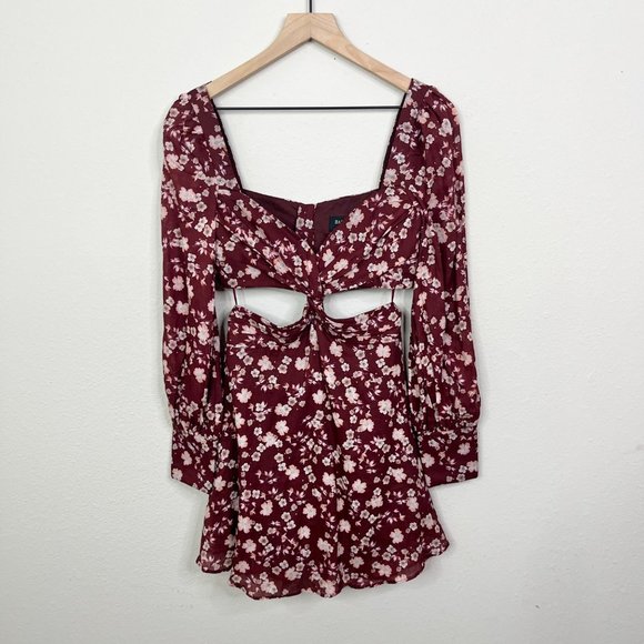 Bardot Women's Logan Maroon Floral Mini Dress Size 4 Long Sleeve Cutout Waist - Picture 3 of 12